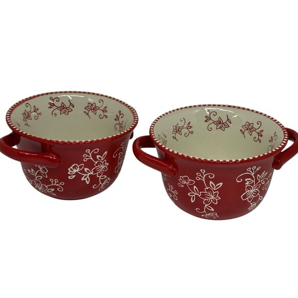 Temp-tations by Tara Red Floral Lace 20oz Baker Bowls Set of 2 Ceramic Ovenware - Picture 1 of 8